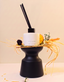 A reed diffuser bottle with two black reeds, set on a black pedestal with dried botanicals and a slice of orange against a warm beige background.