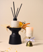A reed diffuser and a candle from the brand CANOPY SOULS, styled on a warm beige background with dried botanicals and a small brass bell.