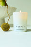 A lit white candle in a frosted glass jar with the brand name CANOPY HOME and scent French Pear & Velvet printed on the front. The candle is styled on a white surface next to a dried green seed pod and a white pedestal bowl.